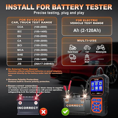 BT60 Pro Acclope Car Battery Tester with Cloud Printing 100-3000 CCA 6V 12V 24V AGM Lithium Gel Battery Checker Automotive Alternator Digital Analyzer Charging Cranking System Vehicles Truck Home-use
