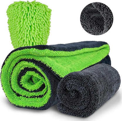 2 Pack Microfiber Towels for Cars, 1200 GSM Ultra-Soft Microfiber 36”x 24”& 16" x 16" Car Drying Towels Ultra-Absorbent Streak Free Premium Double Twisted-Loop Cleaning Cloth with Car Wash Mitt