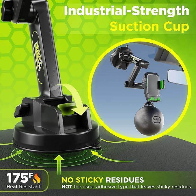 Phone Mount for Truck Phone Holder for Truck - Heavy Duty Super Suction Cup, Mobile Device Holder Dashboard Window 16.9 inch Long Arm & Stable, iPhone & Samsung Compatible, Big Rig Trucker, Green