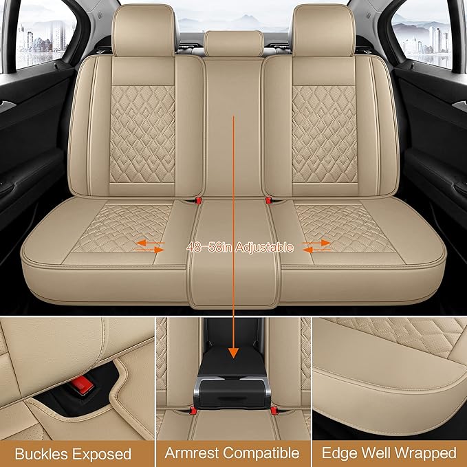 Pariitadin Leather Car Seat Covers Full Set, Waterproof Breathable Faux Leather Automotive Seat Covers for Cars, Non-Slip Car Interior Covers Universal Fit Most Cars Sedans Trucks SUVs, Beige