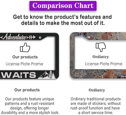 License Plate Frames for Men Black and White Car Plate Frames for Women Adventure Awaits Aluminum Metal Car Accessory 2 Pack with Screw Covers Set