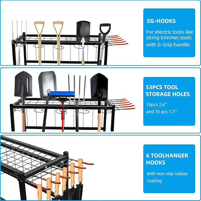 Garden Tool Organizer for Garage,Tool Organizers and Storage，Garden Tool Rack,Yard Tool Storage,Garden Tool Stand,Up to 58 Long-Handled Tools,4 multi-direction wheels lockable (28.4 inch)