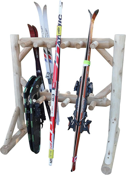 11-Place Freestanding Log Ski Rack Holder, Indoor & Outdoor Snowboard Racks, Standing Storage, Garage Racks for Snow Skis, Durable Snowboard Rack Garage Storage Organizer - Unfinished + 15" Anchor Kit