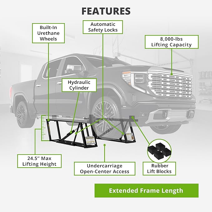 QuickJack 8000TLX Portable Car Lift with 8,000lb Capacity, with 110V Power Unit, Safe & Portable Design Garage Lift for Home, Garage, Shop, or Mechanic Auto Repair