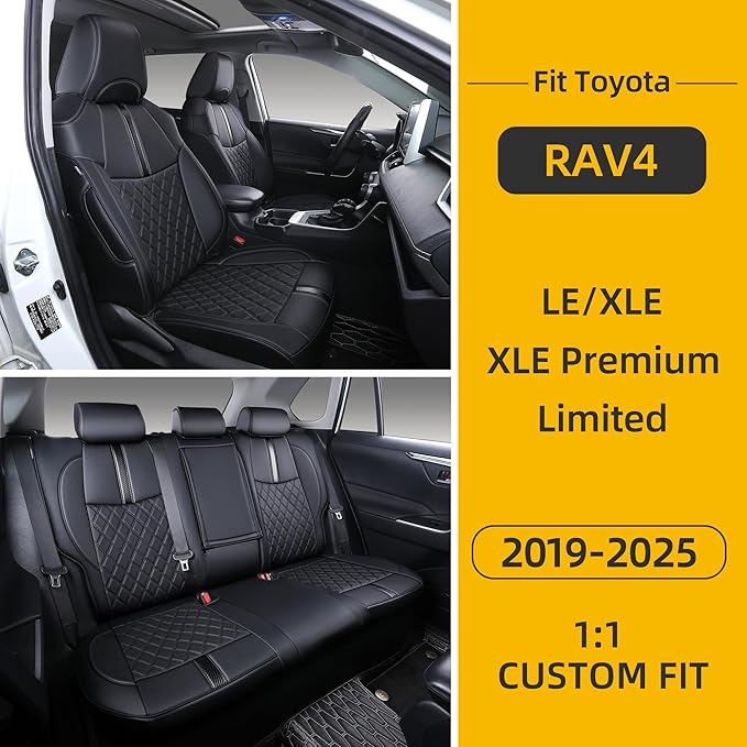 Custom Fit RAV4 Seat Covers for 2019-2025 Toyota RAV4 LE,XLE,XLE Premium,Limited Full Coverage Waterproof Leather Car Seat Covers Full Set(Black)