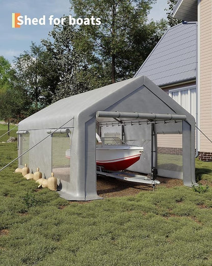 12 x 20ft Heavy-Duty Carport Canopy with Roll-Up Windows & DoorsThickened Wind Ropes, Ground Nails, Portable Car Tent Garage for Cars, Trucks, Boats, 180G Durable Tarp Cover,White