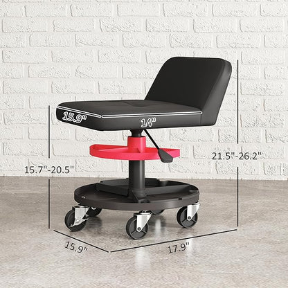 HOMCOM Rolling Mechanic Stool, 300 LBS Capacity Pneumatic Creeper Garage Stool with 360° Wheels, Backrest, Heavy Duty Roller Seat Padded Shop Chair with Tool Tray Storage, Adjustable Height, Black