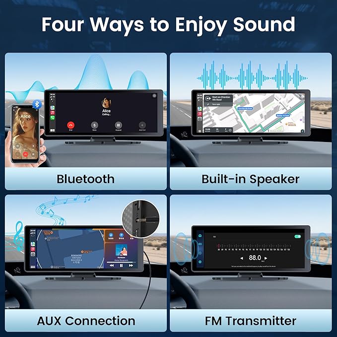 10.26" Carplay Screen for Car,4K Dash Cam,Portable Tablet for Apple Android Auto,Voice Touch Control GPS Navigation,Stereo Audio Radio,Rear Backup Camera,Bluetooth,Wireless Mirror for Truck