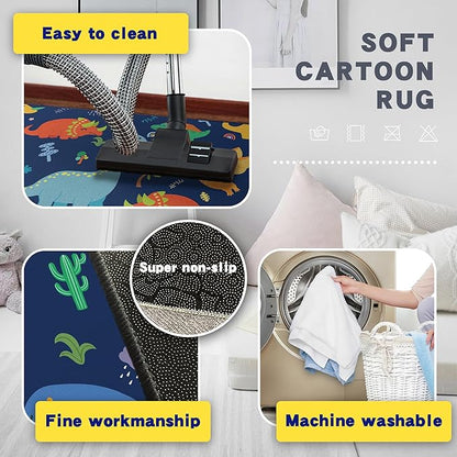 Cute Cartoon Dinosaur Rug for Boys Bedroom 59"x39" Bedroom Playroom Decor for Kids Lovely Dinosaur Animal Pattern Carpet Blue Rug Non-Slip Washable