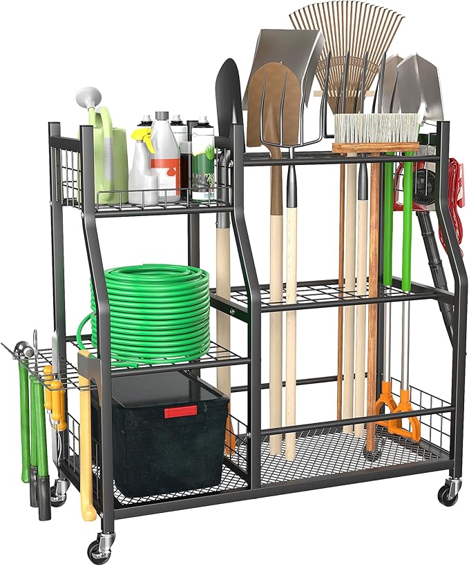 Ultrawall Garden Tool Organizer, Yard Tool Storage Rack for Garage Organization with Lockable Wheels, Garden Tool Stand for Rake, Brooms, Indoor & Outdoor Use