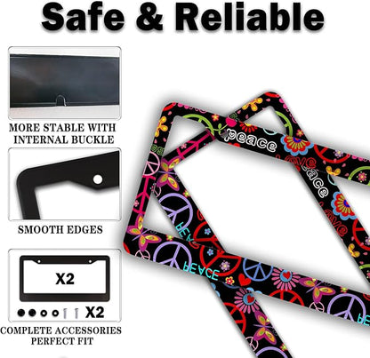Car License Plate Frame Multicolor License Plate Frames Hippies Peace Flower Aluminum Metal Car Accessory 2 Pack with Screw Covers Set