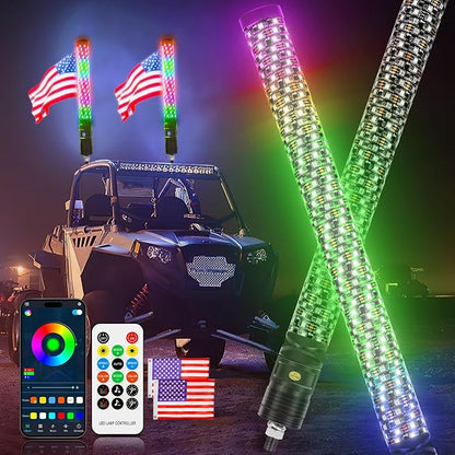 DREAMIZER 2PCS 2FT Fat Whip Lights 360°Spiral Chase Offroad Warning Lighted Antenna LED Whips Side by Side with Turn Signal Brake Reserving Lights for UTV ATV RZR Can-Am SXS Polaris Offroad Truck