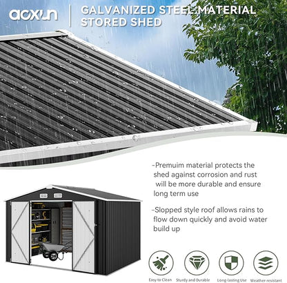 Aoxun 9.4x7.3x6.5 FT Outdoor Storage Shed, Garbage Can, Outdoor Metal Shed for Tool, Garden, Bike, Placed in Patio, Garden (Black)