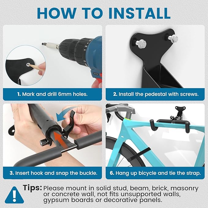Bike Wall Mount - [1 Pack] EVA Foam Padded up to 48.5 lbs, Carbon Steel, Valve Mechanism, Heavy-Duty Adjustable Bike Wall Hanger for Road, Mountain and Hybrid Bikes, Garage & Apartment