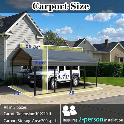 Heavy Duty Metal Carport 10x20 ft Galvanized Steel Carport Shelter for 2 Car - Extra Large Canopy for Dual Vehicle, RV & Boat Storage All Weather Protection Garage Party Tent (10 x 20 FT)