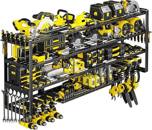 64”W Power Tool Organizer Wall Mount, Heavy Duty 8-Drill Cordless Drill Holder Supports 800 lbs, 4-Layer Corner or Straight Assembly Large Tool Battery Storage Rack for Garage Workshop