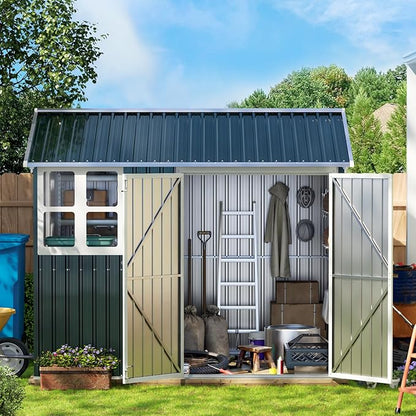 8X6FT Outdoor Steel Storage Shed with Lockable Doors, Frame Floor (No Wood/Other Boards),One Window,Ideal for Garden, Backyard, Patio Storage