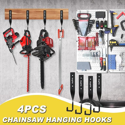 Chainsaw Hanger,Chainsaw Holder for Garage Wall Mount, Garage Storage Hooks for Chainsaw, Backpack Blower, Weed Eater & Tools,Rustproof Chainsaw Hook Organizes Tools, Saves Space(4 Pcs)
