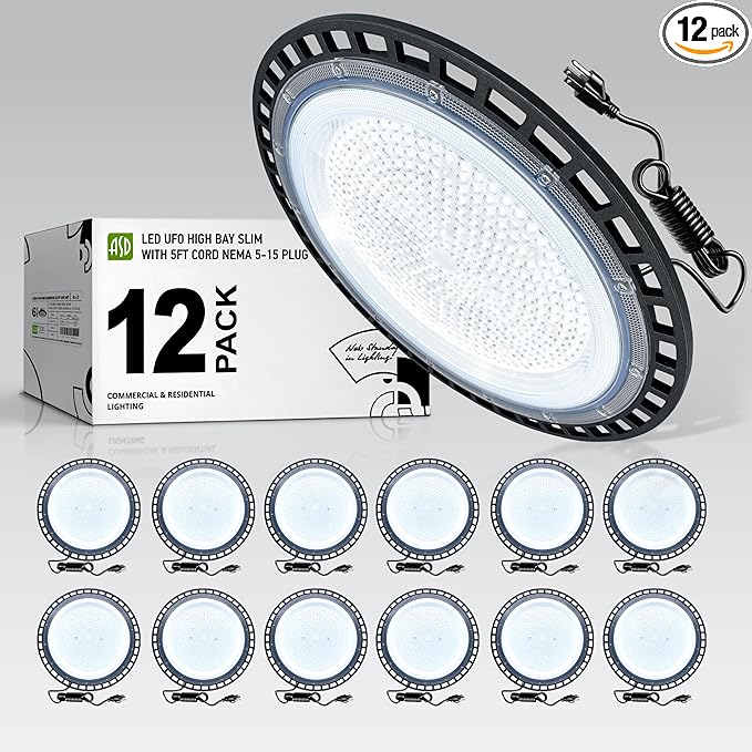 ASD LED High Bay UFO Light Fixture, Commercial Shop Lighting | Plug & Play Cable, IP65 Waterproof, ETL Listed | 200W 23900LM 5000K 100-277V | Warehouse, Garage, Workshop, Barn Lamp | Black, 12 Pack