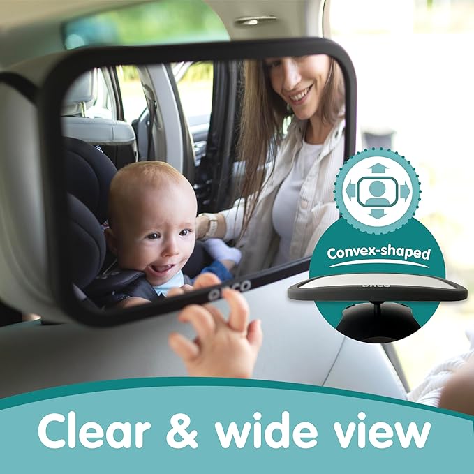 Onco Baby Car Mirror Rear Facing - Double Award-Winning Convex Car Mirror for Baby, 100% Shatterproof & Shakeproof with 360° Rotation, Newborn Essentials (9.6 x 6.9 in)