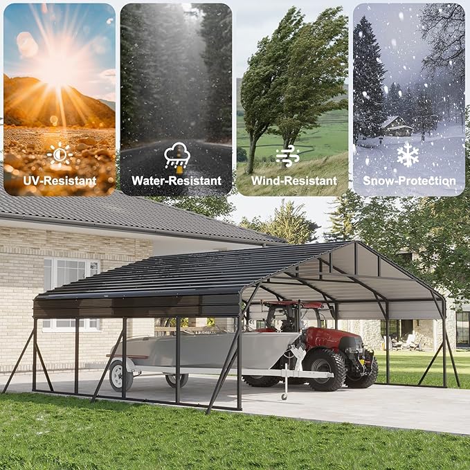 20x20 FT Metal Carport, Garage with Updated Frame Structure, Galvanized Steel Roof and Enhanced Base Canopy, Metal Garage Car Shelter Shade for Car, Boats and Truck
