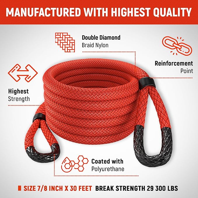 MiolleGear Kinetic Recovery Rope kit (7/8" x30', 10000lbs WLL) Heavy Duty Tow Rope - Includes 2 Soft Shackle 3/8 for UTV, ATV, Truck, Car, Jeep, Tractor