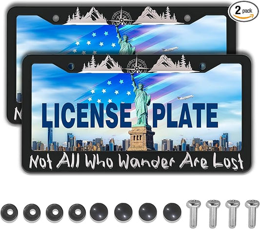 Metal License Plate Frame Black and White License Plate Frames Not All Who Wander are Lost Universal Aluminum Car Accessory 2 Pack with Screw Covers Set