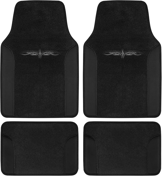 BDK carXS Fresh Two-Tone Carpet Floor Mats, Tribal Tattoo Design with Vinyl Trim for Car Sedan Truck SUV, Front & Rear Set of 4, Black