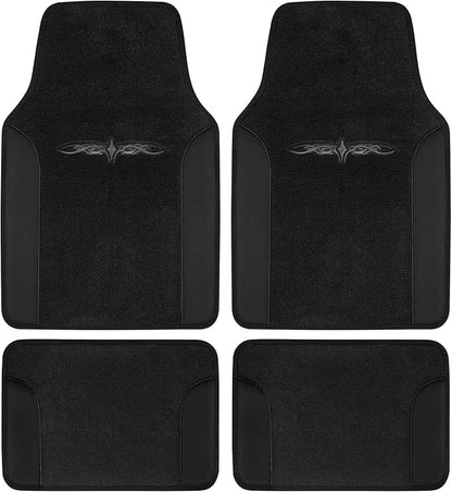 BDK carXS Fresh Two-Tone Carpet Floor Mats, Tribal Tattoo Design with Vinyl Trim for Car Sedan Truck SUV, Front & Rear Set of 4, Black