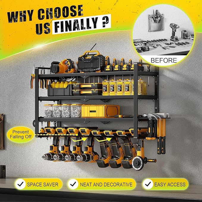 Power Tool Organizer Wall Mount - 400Lbs Load 4 Layers Storage Rack with 8 Drill Holders for Drills Cordless Tools. Heavy Duty Iron Garage Tool Organizer Storage for Workshop Shed Pegboard Basement