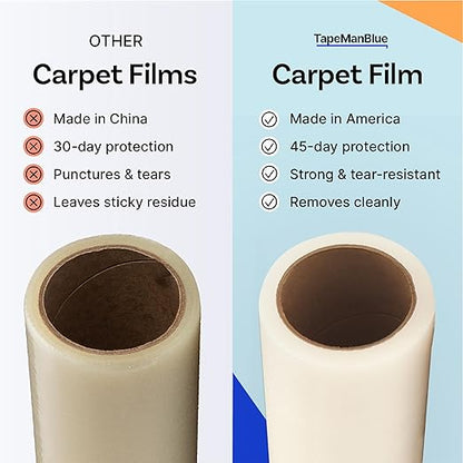 TapeManBlue Carpet Protection Film 36" x 200' roll. Made in The USA. Easy Unwind, Clean Removal, Strongest and Most Durable Plastic Carpet Protector. Clear, Self-Adhesive Surface Protective Film.