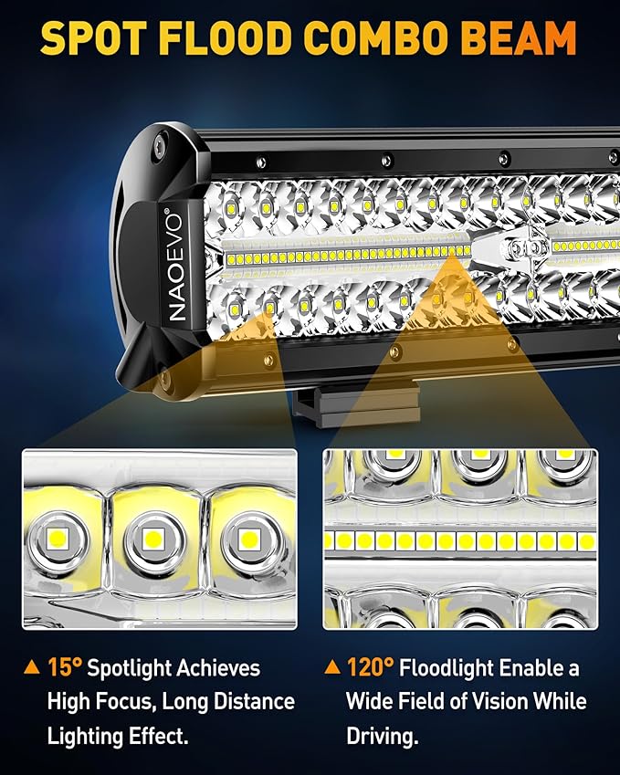 NAOEVO 12 Inch LED Light Bar and 4PCS 4 Inch LED Pod Lights, 54000LM LED Fog/Driving/Off Road Lights, Triple Row Spot Flood Combo LED Light Bar for Truck Car UTV ATV Boat, 1 Year Warranty