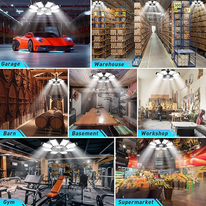 ISKYDRAW LED Garage Lights, 4 Pack Garage Lighting 260W 26000LM Bright Shop Ceiling Lights Screw Into E26 E27 Bulb Socket, Deformable 8+1 Panels 6500K Basement Bay Lighting for Workshop Barn Porch