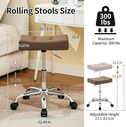 Vanity Stool with Wheels (Adjustable Height 17-21 inch) (300lbs Capacity) Faux Leather Nail Tattoo Vanity Massage Stool (Coffee Brown)