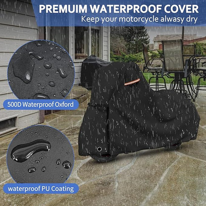 STARTWO Motorcycle Covers Waterproof Outdoor Storage Heavy Duty All Season Universal Vehicle Cover for Harley Davidson Sport, Cruisers, Softail, Adventure Series and Most Motorcycles 96"x43"x55" Black