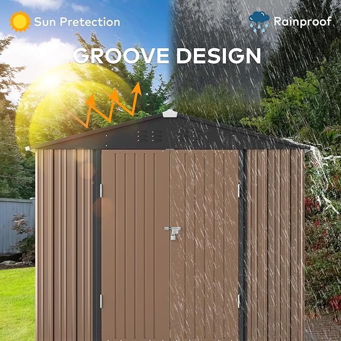 Gizoon Outdoor Storage Shed 8 x 6 FT, Galvanized Metal Garden Shed with Double Lockable Doors, Outdoor Storage Clearance for Backyard Patio Lawn-Light Brown