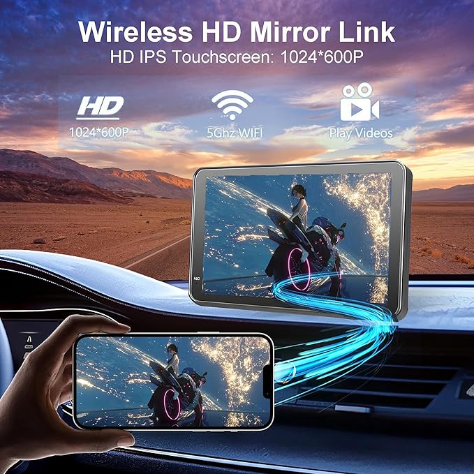 Portable Carplay Screen for Car, 7" HD Touchscreen Car Stereo with Wireless Android Auto, Car Audio Receivers with Backup Camera/GPS Navigation/Mirror Link/Voice Control/Bluetooth