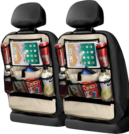 LUCMO Car Backseat Organizer with Touch Screen Tablet Holder-2 Pcs,9 Storage Pockets Car Storage Organizer Protectors Kick Mats Travel Accessories for Kids-Beige