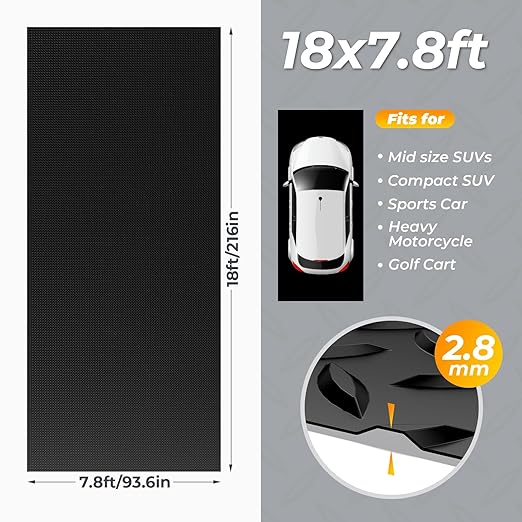 7.8 x 18 FT Garage Floor Mats for Under Car, 2.8mm Thickened Rubber Garage Flooring Roll, M Size 140.4 SQFT Garage Car Mat for Mid-Size SUVs, Sports Car, Black