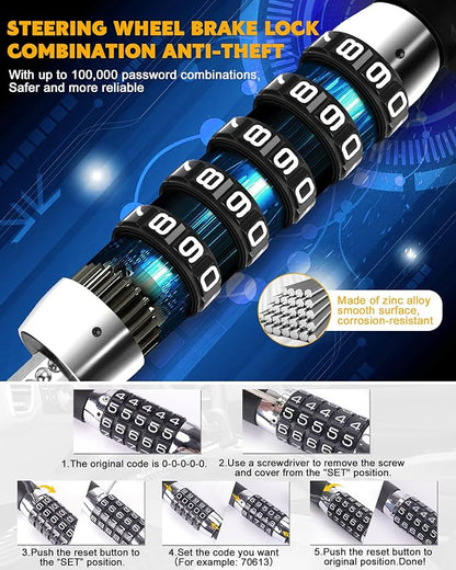 Tevlaphee Steering Wheel Lock Anti Theft Device Retractable Brake Pedal Lock Keyless Password 5 Coded Combination Anti Theft Car Security Device Heavy Duty Universal Fit for Vehicle Car Truck Van SUV