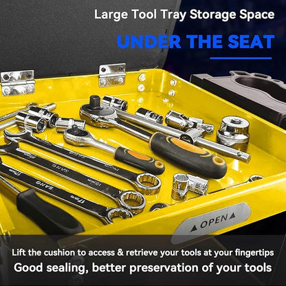 Rolling Creeper Garage Shop Seat for Men, Padded Mechanics Stool with Tool Tray Storage for Garage, Rolling Workshop Stool with Wheels, Auto Creeper Seat, 330 LBS Capacity, Heavy Duty,Yellow