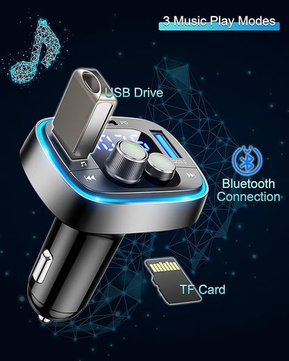 LIHAN USB C Bluetooth Adapter for Car, AUX Wireless FM Radio Transmitter, Handsfree Calling & Audio Receiver, MP3 Music Player, QC3.0 & Type-C PD USB Charger,7 Colors LED Backlit