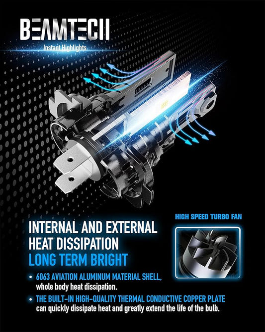 BEAMTECH H7 Light Bulb, No Adapter Need High Speed Fan 6500K Xenon White H7 Bulbs or Fog Lights Pack of 2