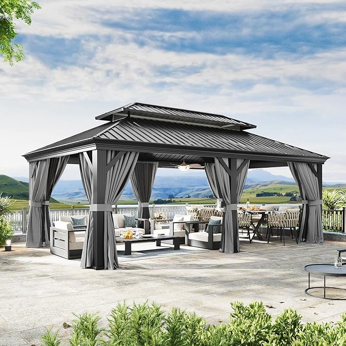 Aoxun 12' X 20' Hardtop Gazebo, Aluminum Outdoor Gazebo with Galvanized Steel Double Roof, Patio Permanent Metal Pavilion with Netting, for Garden, Deck, Grey, Square Foundation