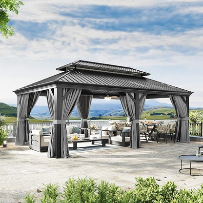 Aoxun 12' X 20' Hardtop Gazebo, Aluminum Outdoor Gazebo with Galvanized Steel Double Roof, Patio Permanent Metal Pavilion with Netting, for Garden, Deck, Grey, Square Foundation