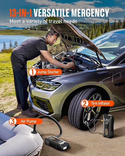 NOVSIGHT Jump Starter With Air Compressor - 6000A 13-in-1 Portable Jump Box for Car Battery, 12V Jump Starter Power Pack(ALL Gas/10L Diesel) 150PSI Auto-Shut Tire Inflator & Air Inflator/Deflator Pump