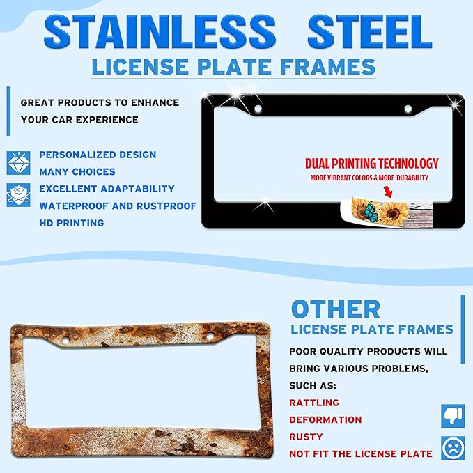 Blue Lightning License Plate Frame Funny Thunder License Plate Holder for Front or Rear Car Tags Reusable Durable Stainless Steel Car Decoration with Screws 6.3 X 12.2 Inch for Men Women