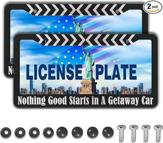 License Plate Frames Black and White Fun License Plate Frame Cover Nothing Good Starts in a Getaway Car Universal Aluminum Car Accessory 2 Pack with Screw Covers Set