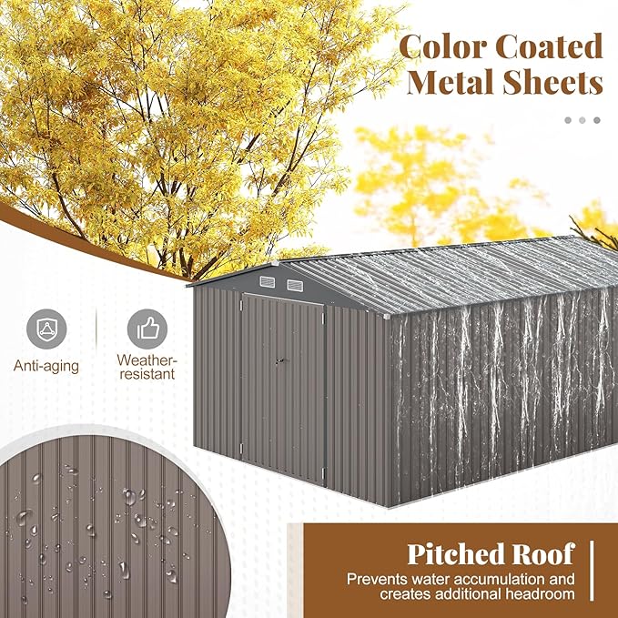 Goplus 10 x 14 FT Outdoor Storage Shed, Large Garden Tool House w/Improved Windproof Metal Structure, 4 Vents, Lockable Door, Waterproof Utility Tool Organizer for Backyard, Lawn, Patio