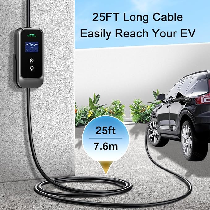 Level 2 EV Charger, 32A 240V Electric Car Charger for SAE-J1772 EVs, Indoor/Outdoor Portable EV Chargers with 25FT Cable, NEMA 14-50 Plug, Adjustable Current & Schedule Charging Time